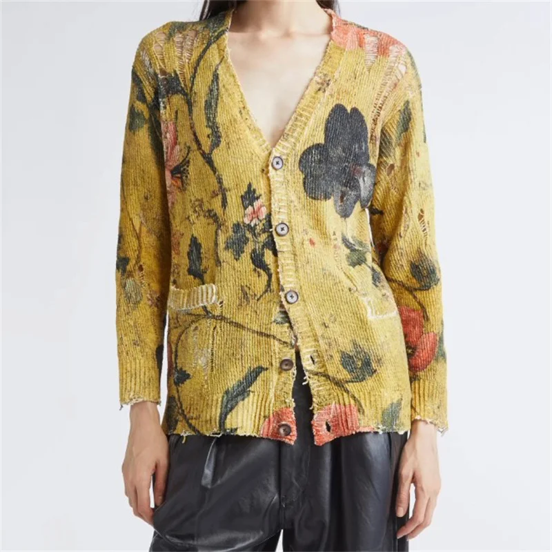 

Кардиган для женщин, новинка зимы 2024, эластичный вязаный топ с длинными рукавами, женский свитер с v-образным вырезом и принтом чернил, тонкое пальто из чистого хлопка y2k