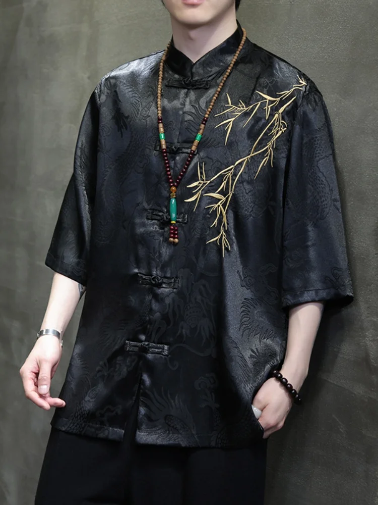 

Ice Silk Short Sleeve Shirt for Men New Chinese Style Button Embroidery Tang Costume Hanfu Style Summer Five Sleeve Shirt