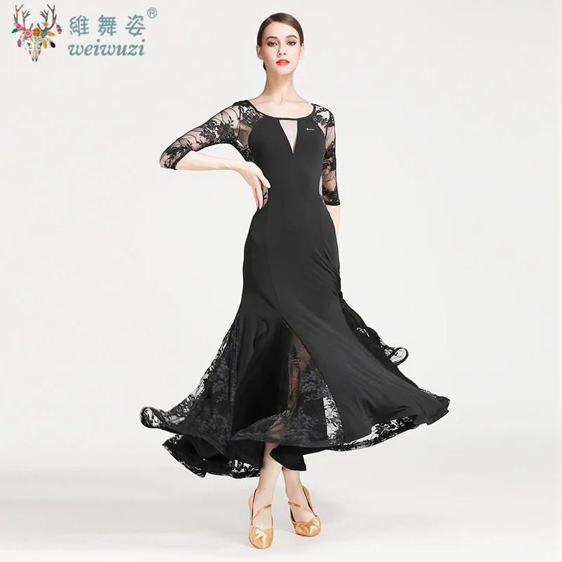 

Elegant Modern Dancing Competition Costumes Sexy Lace Medium Sleeves Dresses Adults Waltz Ballroom Dance Practice Clothing