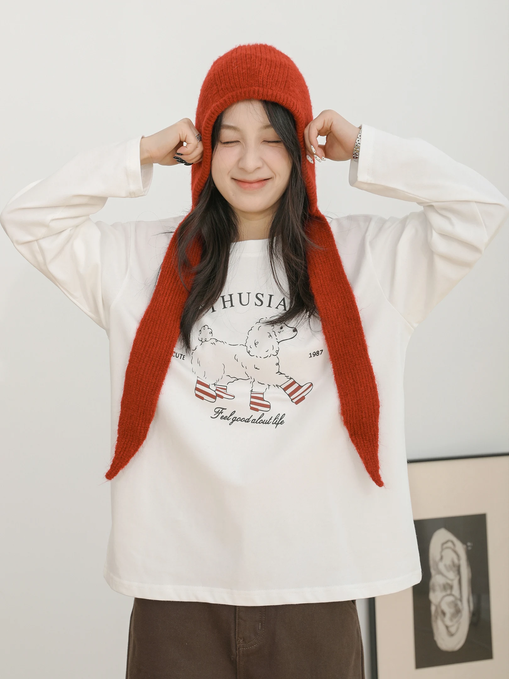 

Samuca Autumn Winter New Korean Sle Long Sve T-irt Fun Dog Print Fce Women's Casual Base Layer irt Cotton round Ne