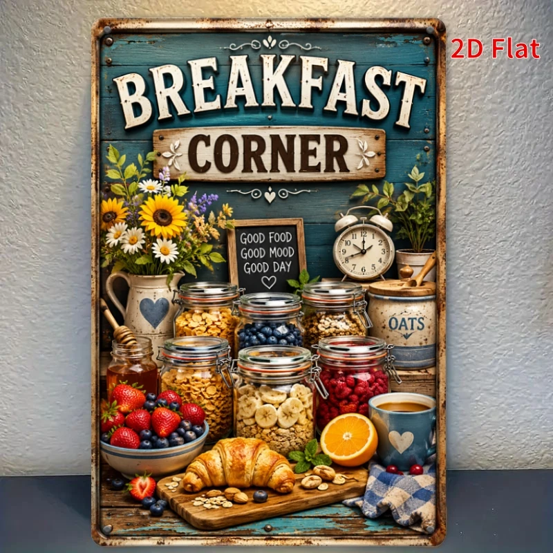 2D Flat - [2Dflat], 1pc Breakfast Decor Tin Sign, Breakfast Corner Good Food Good Mood Vintage Metal Sign, Croissant Berry Ce