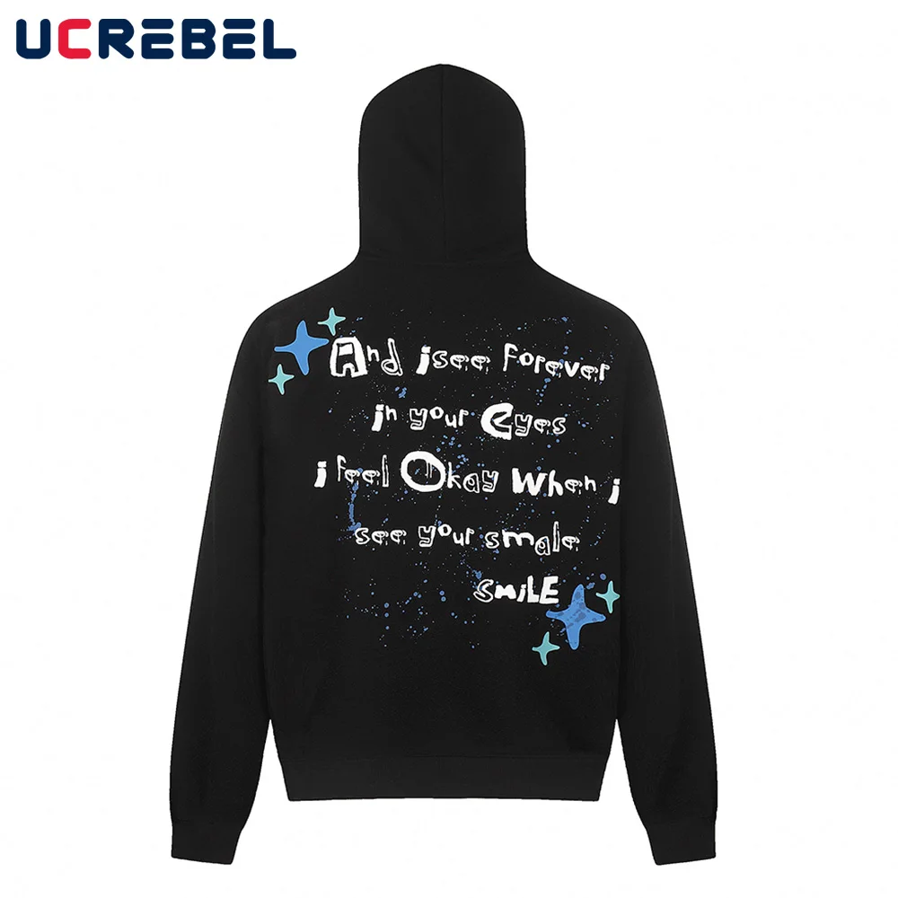 Flower Double-sided Printed Hooded Sweatshirts Mens Autumn Winter High Street Loose Long Sleeve Front Pocket Hoodies Men