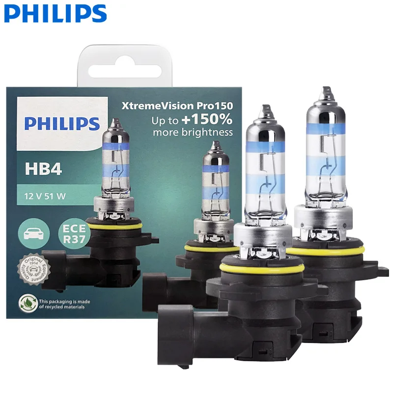 

Автомобильная галогенная лампа Philips X-tremeVision Pro150 HB4 9006, 12В 51Вт P22d, на 150% ярче, белый свет, оригинальная ECE, повышенная яркость, 9006XVP