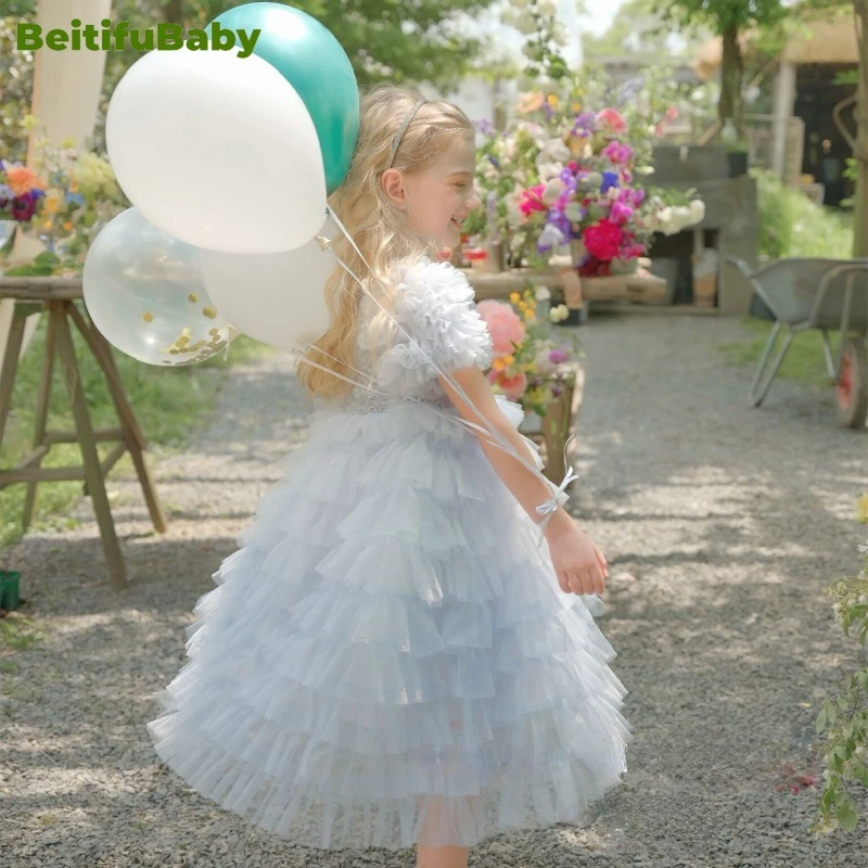 BeitifuBaby-vestido de festa infantil, estilo princesa, manga curta, top de lantejoulas, saia com renda, vestido de baile, vestido de flores, 2022