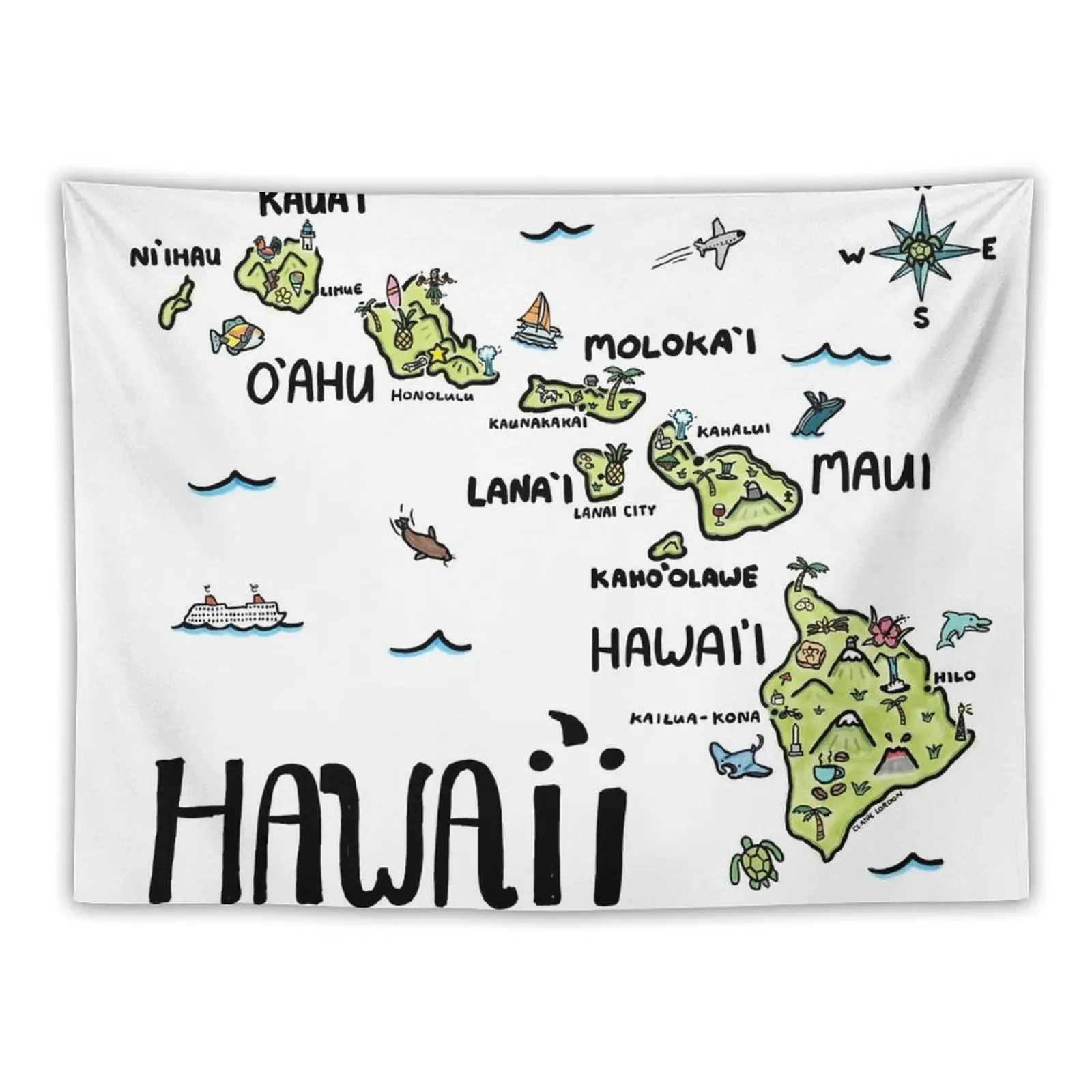 Hawaii Illustrated Map Full Color Tapestry House Decoration Room Decor Korean Style Tapestry