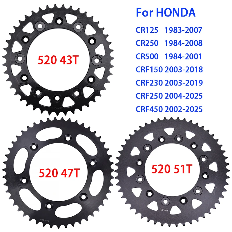 

520 43T 47T 51T Rear Sprocket For HONDA CR125 CRF150 CRF230 CR250 CRF250 CRF450 CR500 CR CRF 125 150 230 250 450 500 R F CR125R
