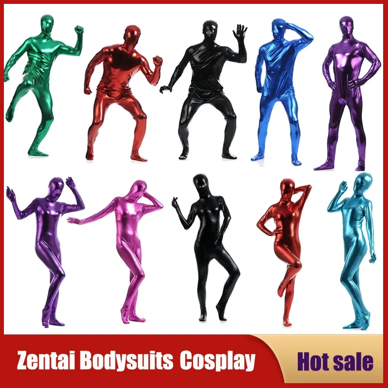 Men's Metallic Shiny Zentai Full Bodysuit Sexy Unisex Catsuit Costume Skin Tight Jumpsuit Halloween Party Dancewear For Women