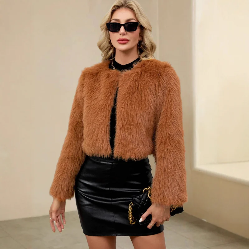 

2025Женский короткий пушистый повседневный теплый топ с круглым вырезом в европейском и американском стиле