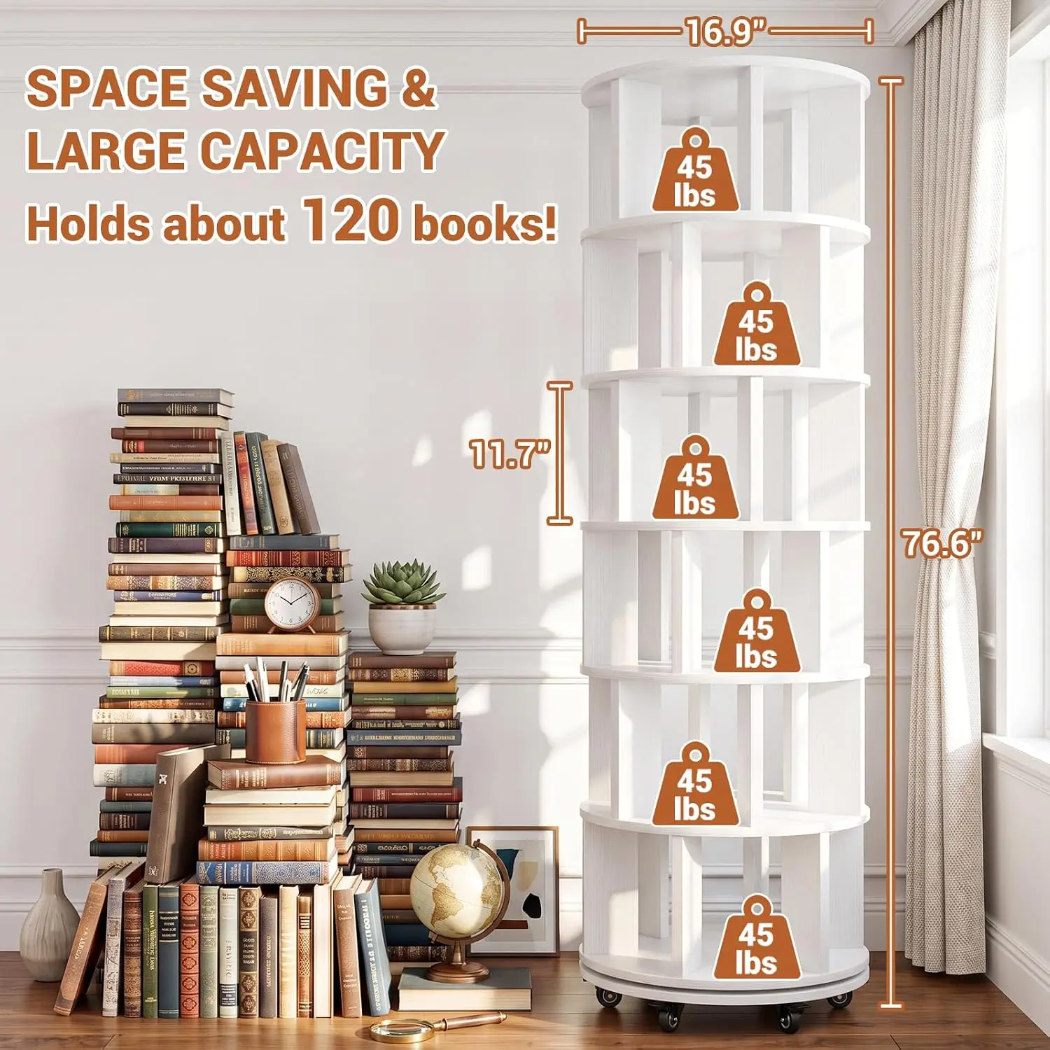 6-Tier Rotating Bookshelf Tower, Solid Wood 360° Revolving Storage Organizer For Home Office, Customized1