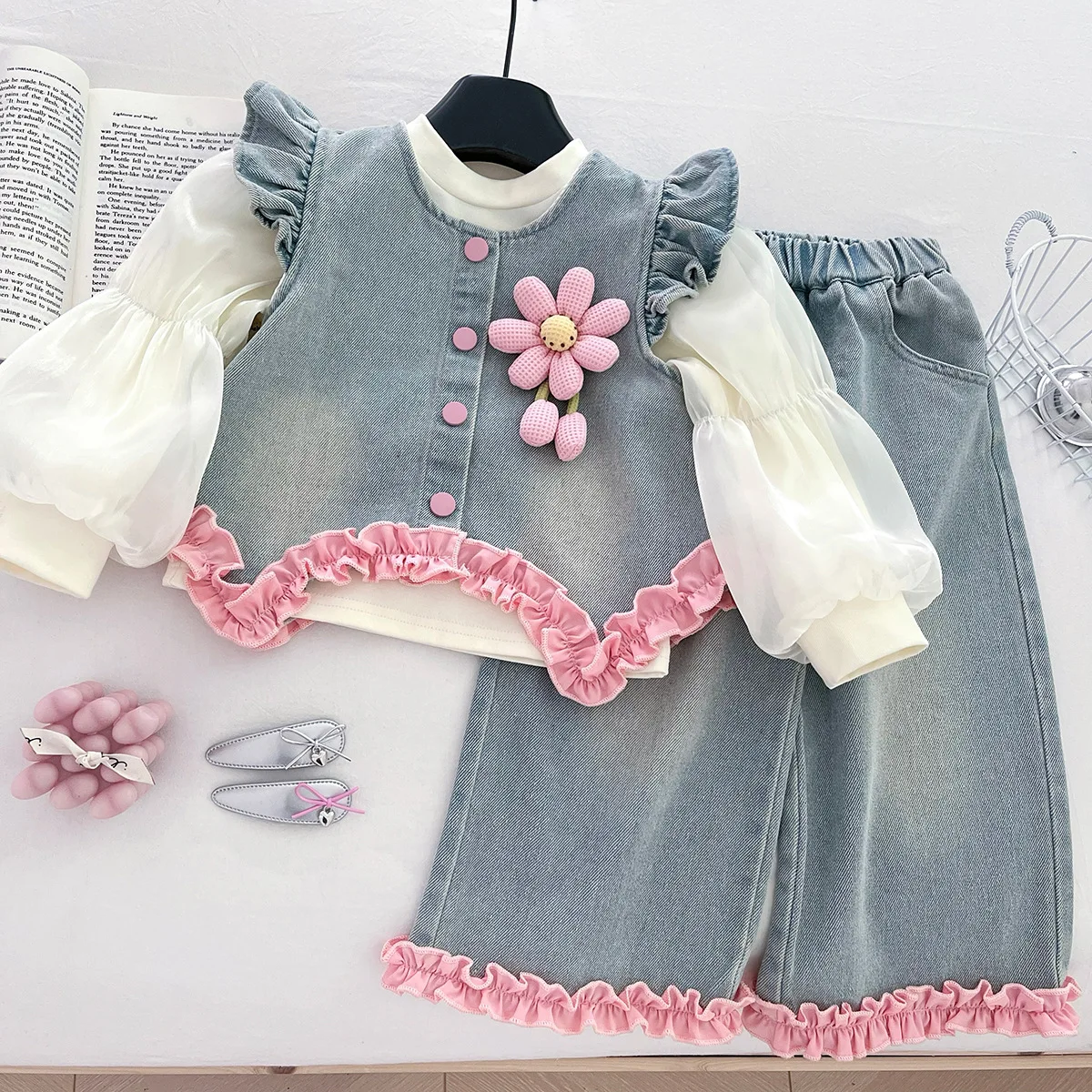 Children's Sets Girls' Denim 3-Piece Set Flutter Sleeve Top Shirt & Wide Leg Pants Spring/Autumn Casual Outfit