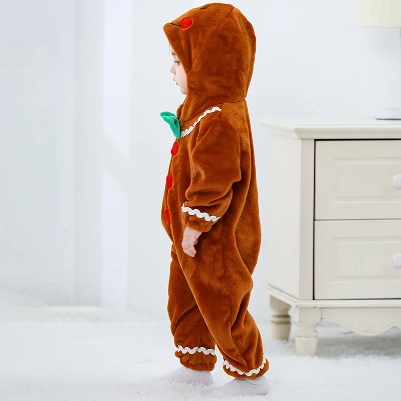 Baby Gingerbread Costume Long Sleeve Embroidery Plush Hooded Romper Newborn Christmas Jumpsuit