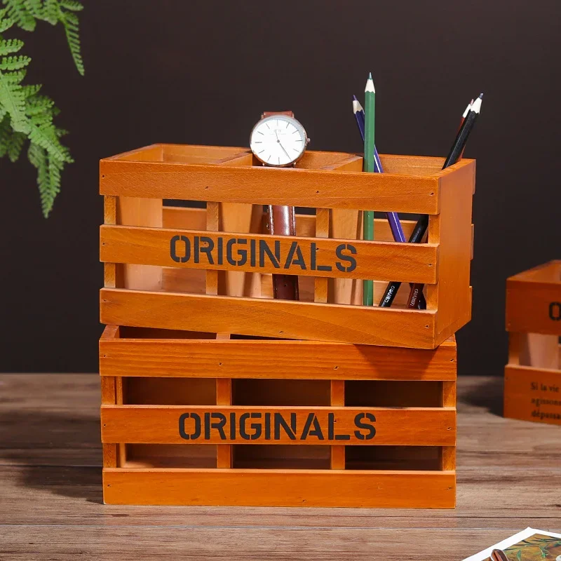 

Creative Home Office Desk Stationery Storage Ornaments Retro Wooden Hollow Pen Holder 3 Grids