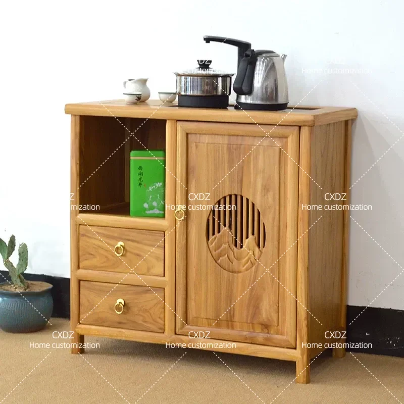 New Chinese Style Tea Cabinet Simple Living Room Solid Wood Dining Sideboard Elm Mobile Small Tea Table Multi-functional