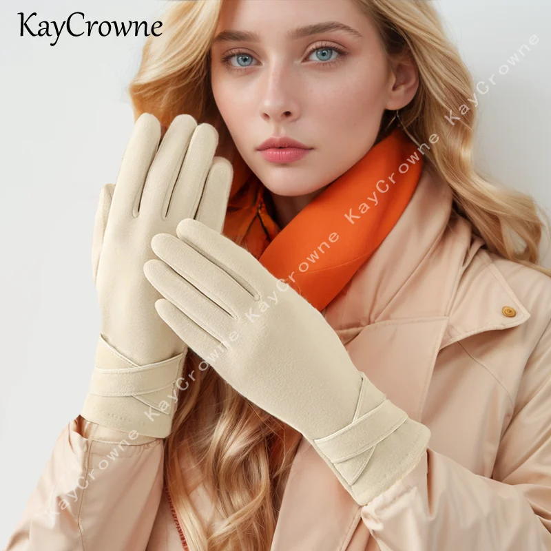 KayCrowne New Fashion Slim eleganckie wiatroszczelne rękawiczki do ekranów dotykowych zimowe rękawiczki damskie zamszowy pełny palec ogrzewacz dłoni