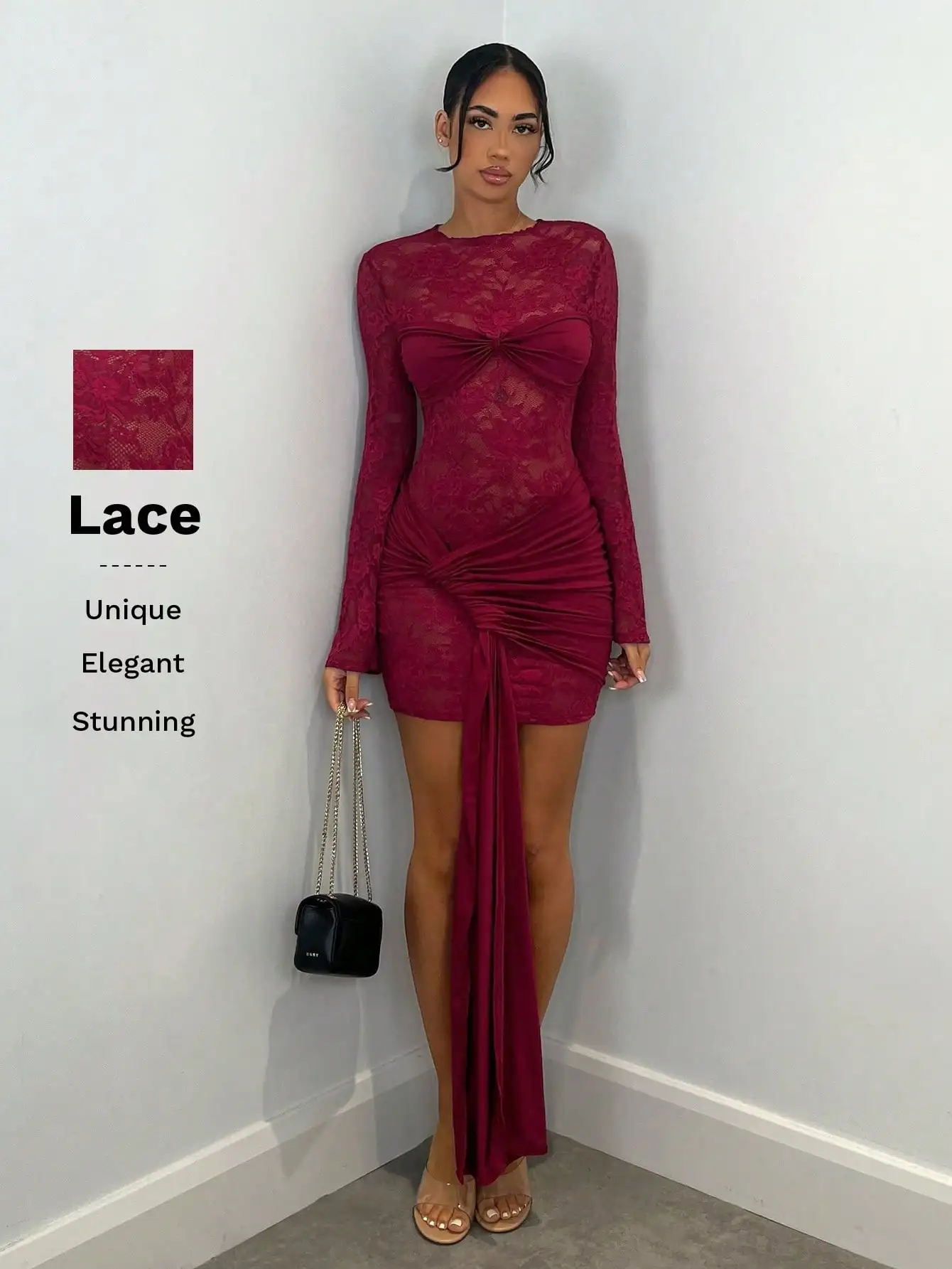 

Бордовое кружевное мини-платье с длинными рукавами, драпировкой и декоративной лентой