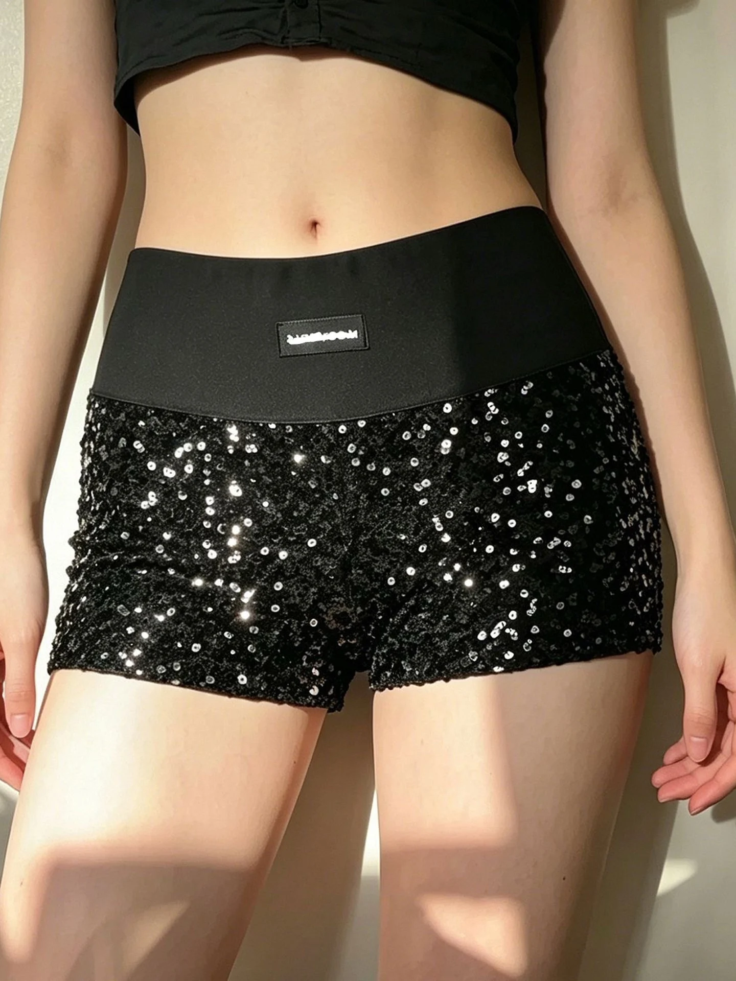 Low Waist Leopard Print Sequin Patchwork Casual Shorts Women's Slim Fit Dance Hot Pants Trendy Bell Bottoms Casual Pants