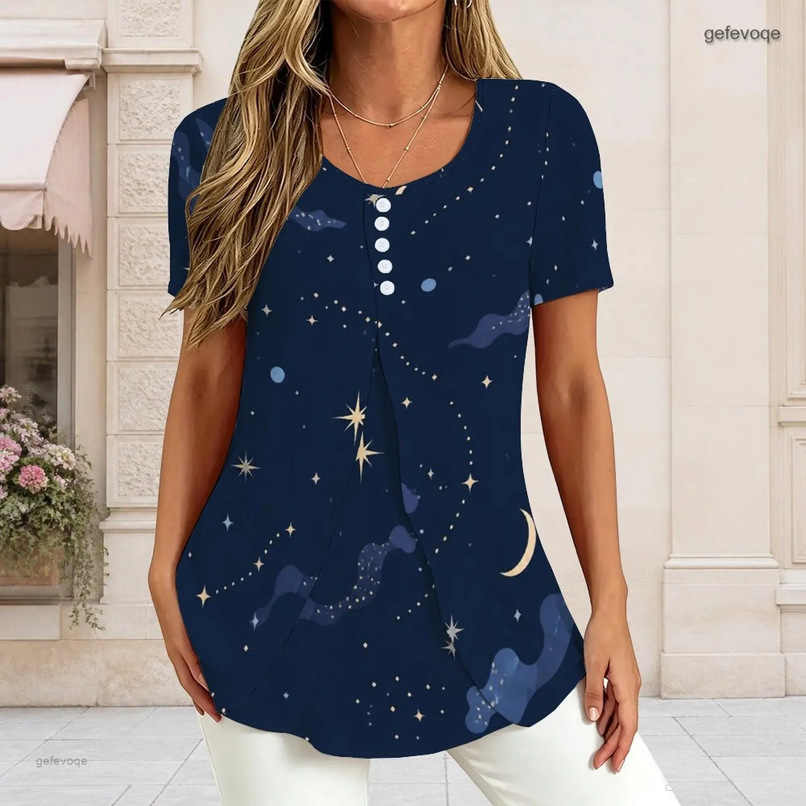 Women V Neck Short Sleeve T Shirt Half Button Placket Fake Two Piece Layered Curved Hem Loose Tunic Top Custom Print Ladies Casu