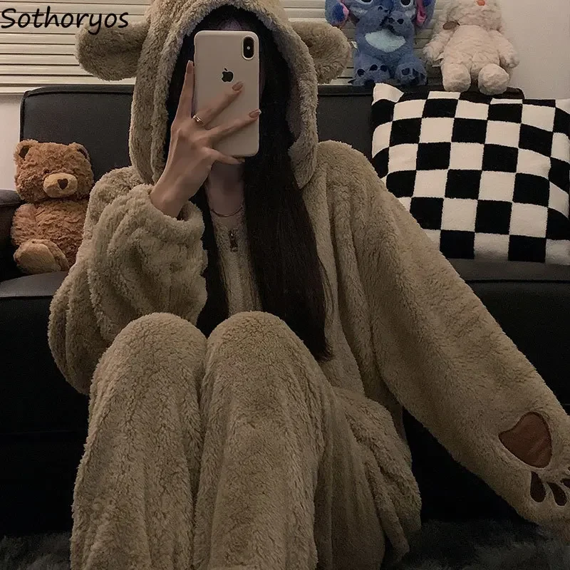 Winter Hooded Pajama Sets Women Warm Fluffy Sleepwear Comfortable Home Casual Plus Velvet Thicker Sweet Girls Lounge All-match