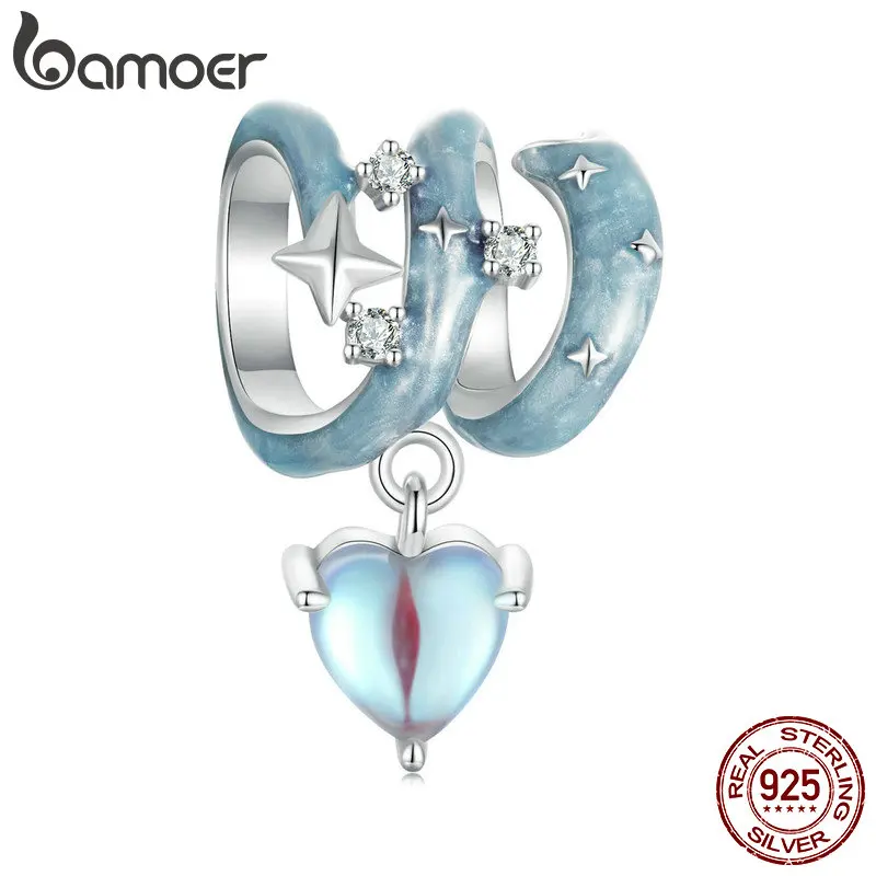 BAMOER Meteor Star Charm for Charm Bracelet, 925 Sterling Silver Heart Pendant Blue Charm with Skin-Friendly Moonstone