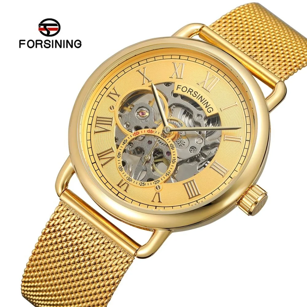 Forsining 275 Transparant Gouden Luxe Casual Design Mesh Band Heren Horloges Topmerk Hand Mechanisch Skelethorloge