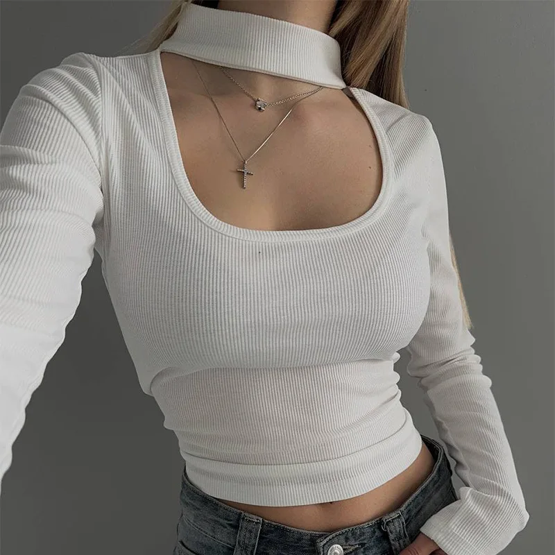 Slim Fit Long Sleeve T-Shirt Black White U Neck Low Cut Design Sensation Cross Border Style Polyester Fiber Spandex Elastic Top