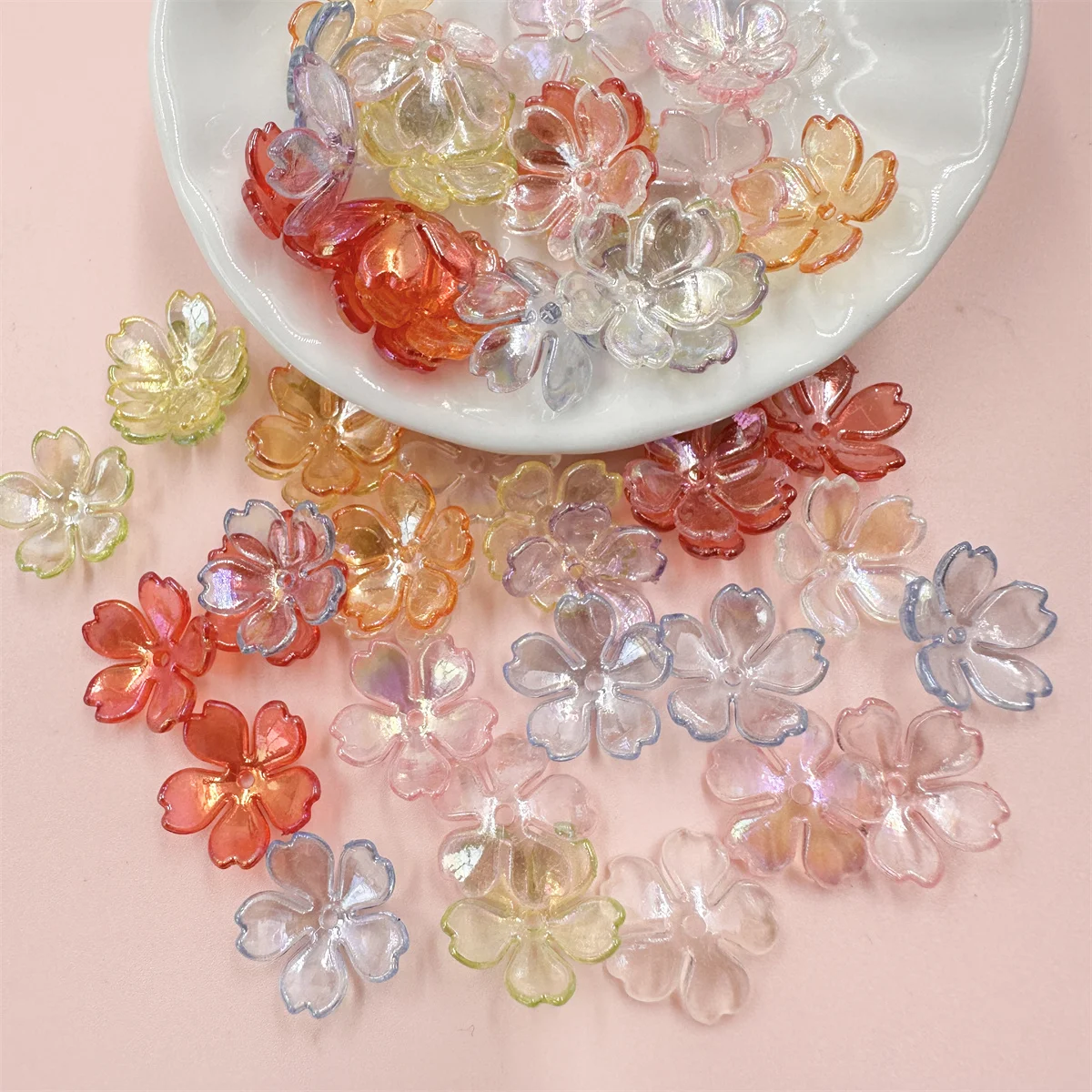 Perles de fleurs en acrylique Torus, connecteurs de pétales, boucles d'oreilles à faire soi-même, bijoux de cheveux, accessoires exécutifs en résine, 15mm, 100 pièces par lot