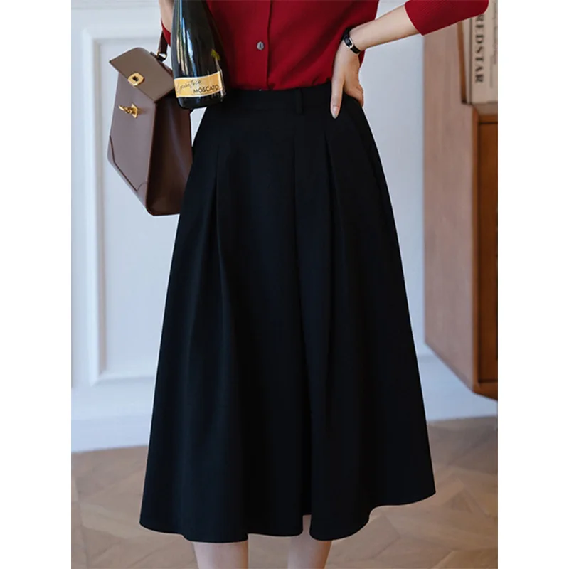 

High waisted A-line pleated skirt plus size women's autumn slim fit Korean sled commuting multifunctional skirt