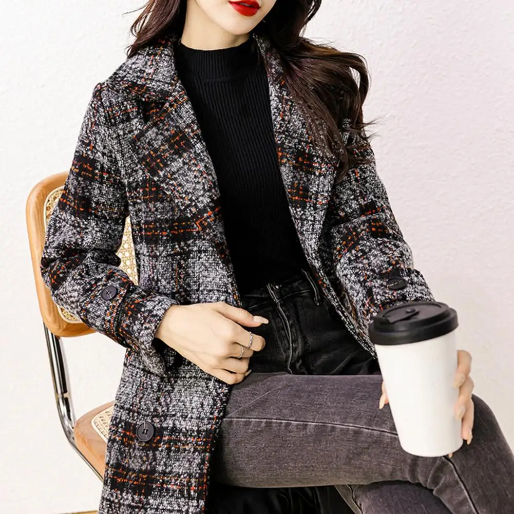 

Women Woolen Coat Stylish Plaid Print Women's Woolen Coat with Double Breasted Lapel Belted Mid-length Design for Autumn Winter