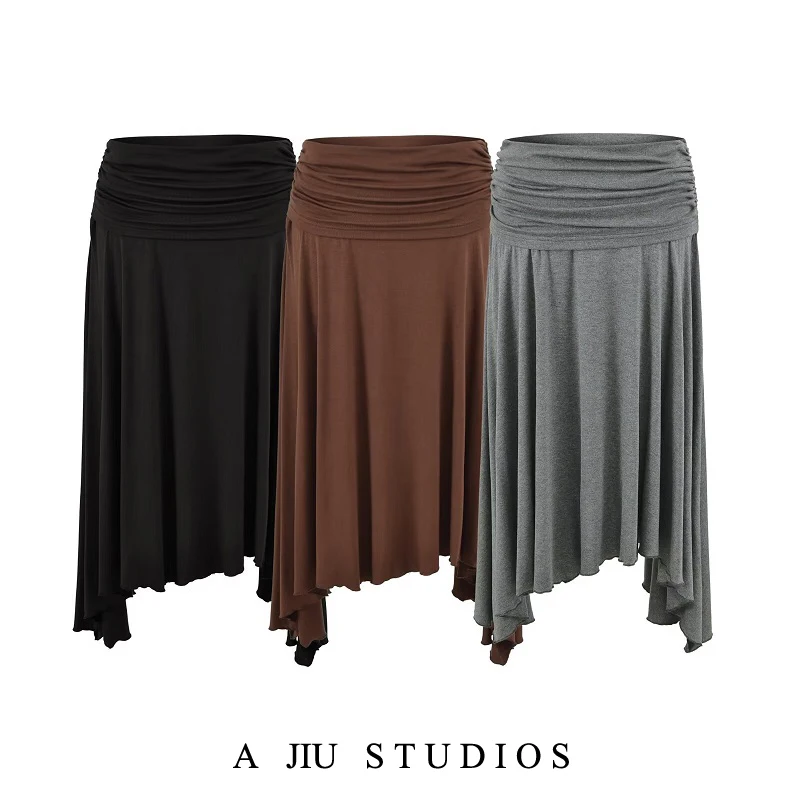 Gray Asymmetrical Midi Skirt Women's Summer Hanging Sense Slim A-Line Skirt Design Small Audience Mid-Length Skirts