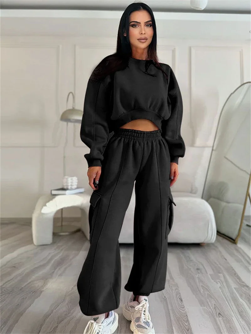 Street 2 Piece Sets Women Outfit Fall Clothes 2024 Women Pullover Sweatshirt Crop Top Sweatpants Pant Sets Casual Tracksuits Set