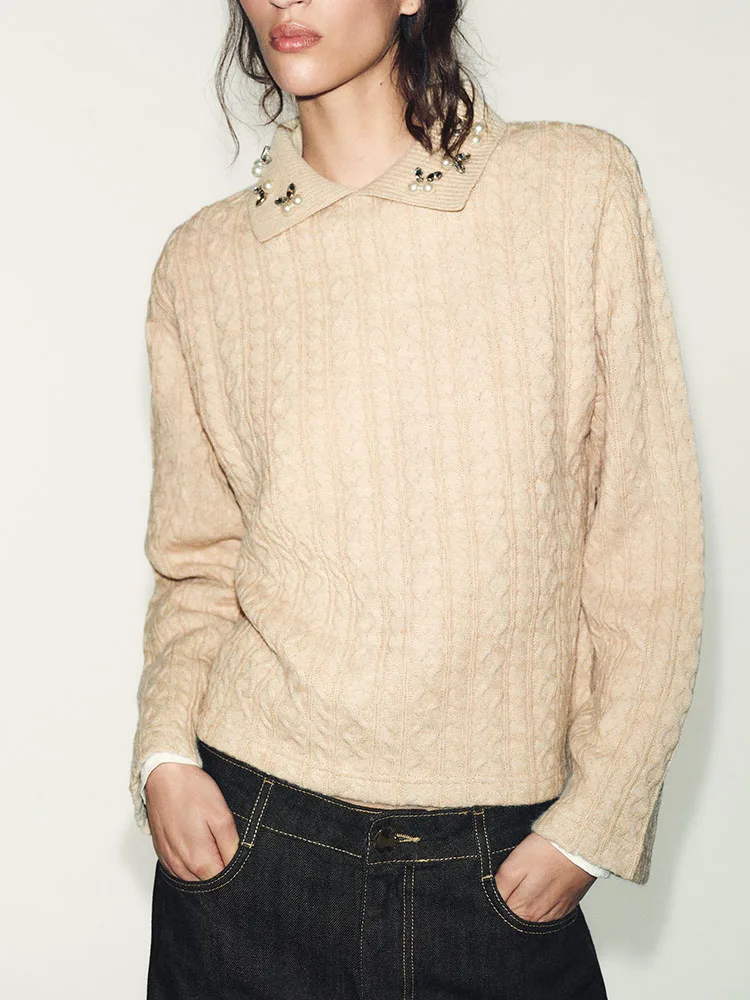 

Winter New Arrival Women's Knitted Sweater Jewelry Collar Eight-strand Woven Casual Loose Fit Long Sve Overhead Sle