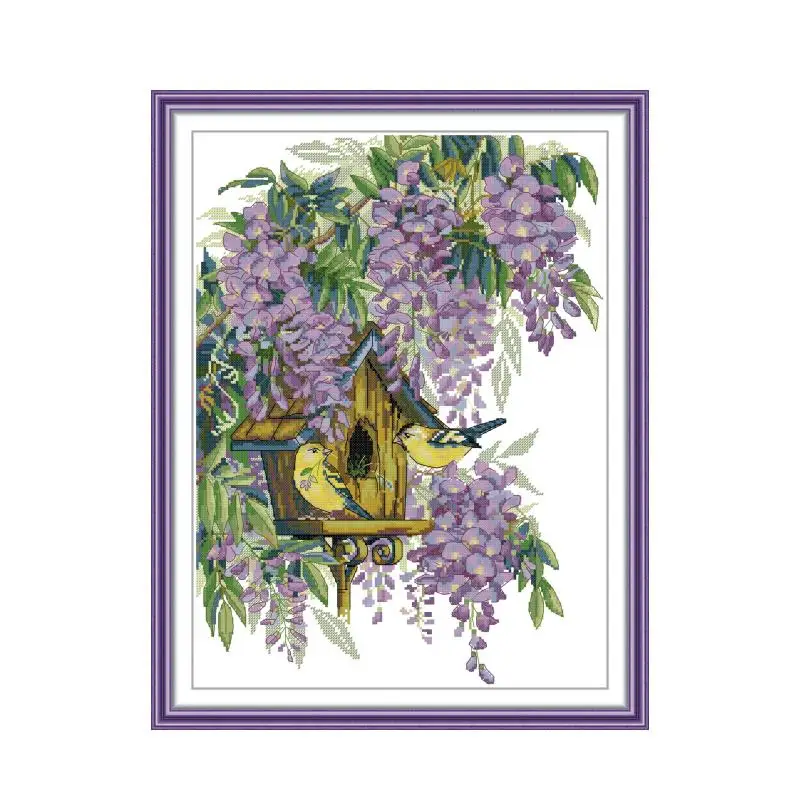 

Bird's nest under purple flowers cross stitch kit 14ct 11ct count print canvas sew cross-stitching embroidery handmade