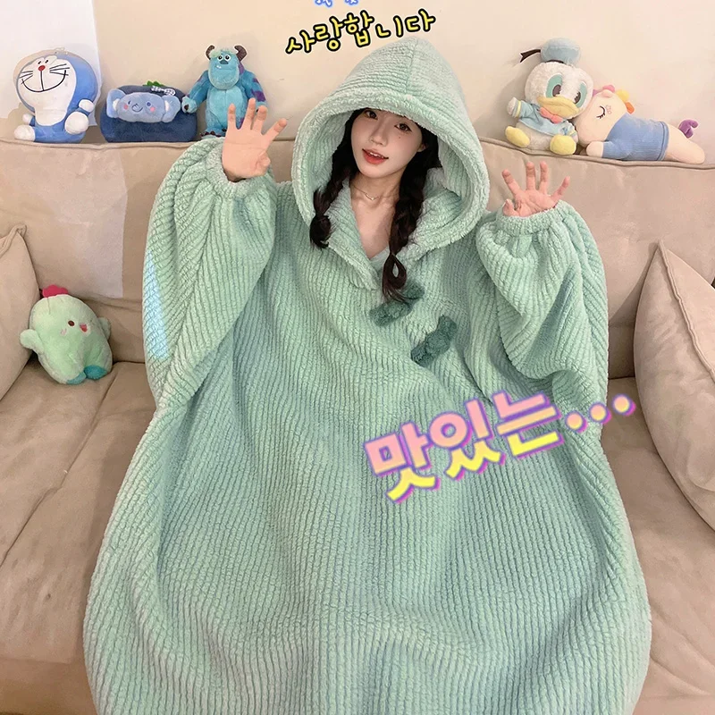 Women\'s Velvet nightgown pajamas Winter Hoodie Dress up Party Funny Robe Sleeping Skirt Home Clothing Unisex Loose pyjamas
