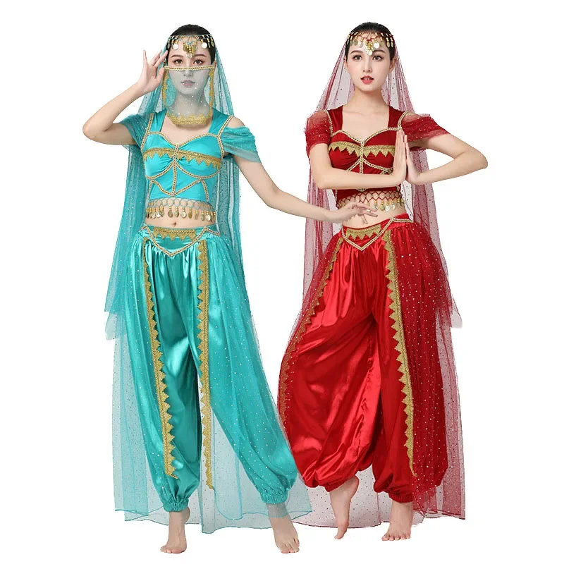 Halloween Party Costume Aladdin Jasmine Princess Cosplay Women Girl Fancy Dress Bollywood Embroider Dress