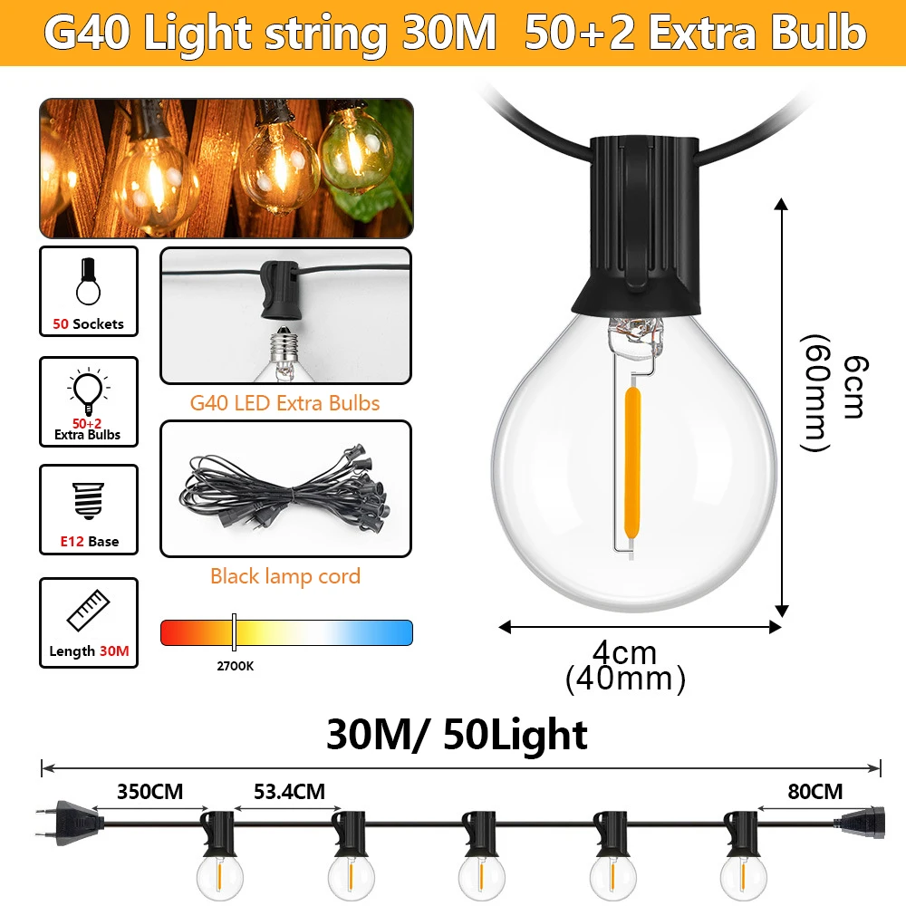 7,6-30 meter G40 LED-slingerlichten, waterdicht en onbreekbaar, met globe-bollen, voor buiten, patio, kerstdecoratie