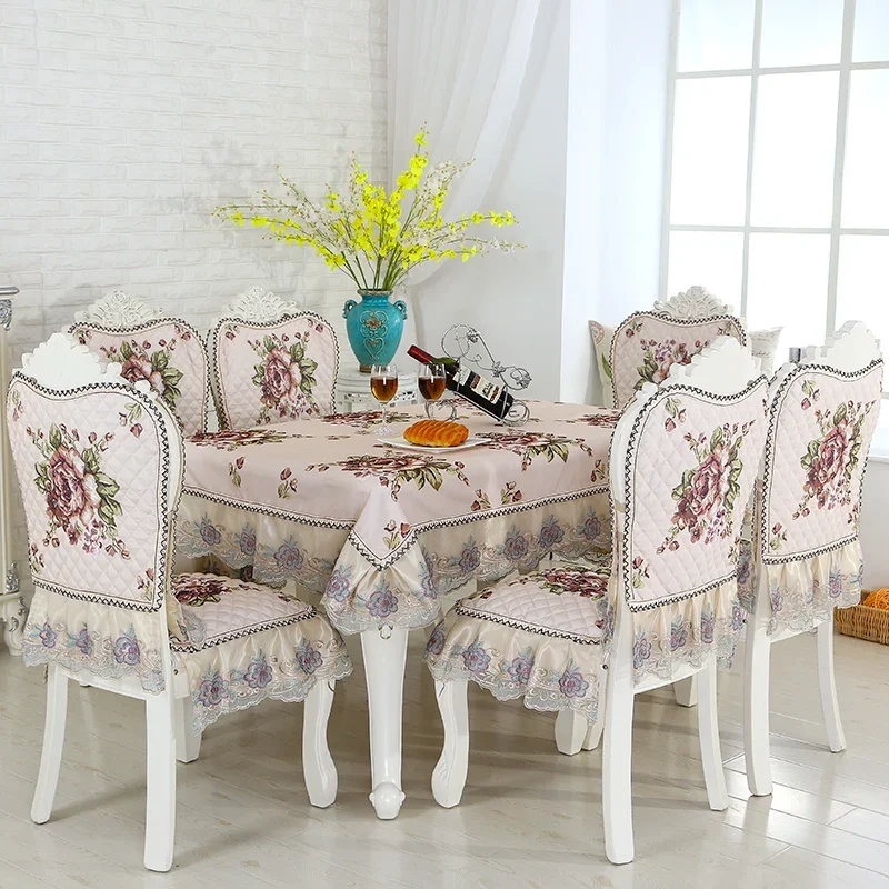 European Linen Dining Tablecloth Chair Cover Cushion Set Classical Jacquard Lace Table Cover Round\Rectangle Furniture Cover G2