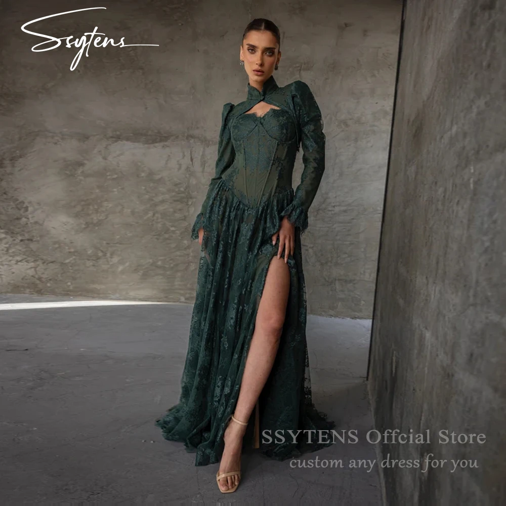 SSYTENS Sage Green Evening Dresses Long Sleeves Special Occasion Dresses Full Lace Vestidos Para Eventos Especiales Customized