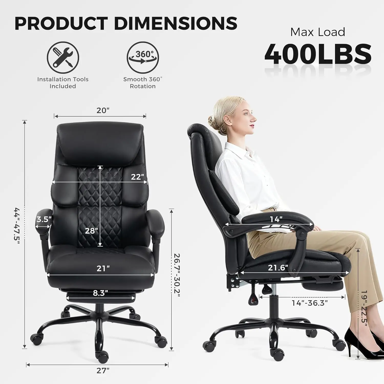 Black Leather Executive Office Chair with Footrest, Lumbar Support and 90-135° Adjustable Tilt Lock for Gaming and Work