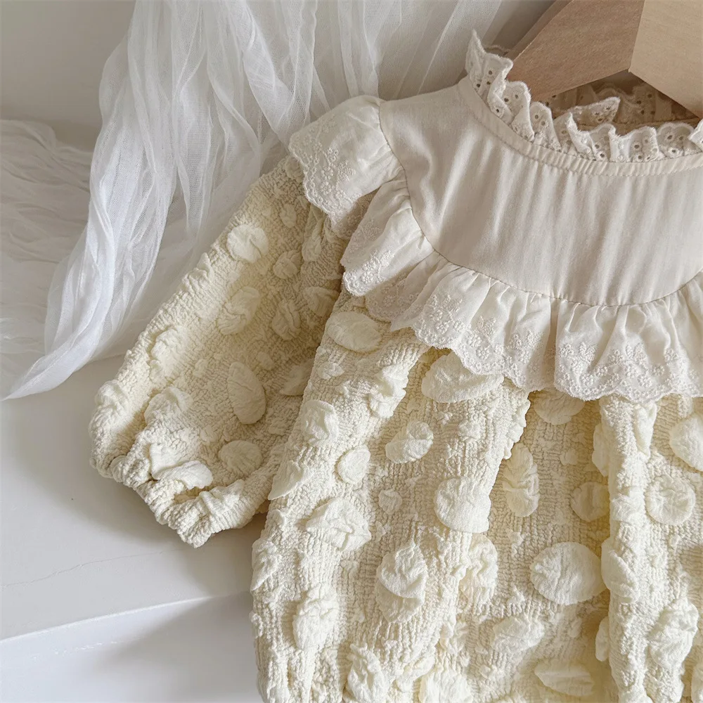 Spring and Autumn Infant Lace Bubble Long Sleeve Romers Clothing for Baby Girls Princess Fashion Bag Butt Clothes