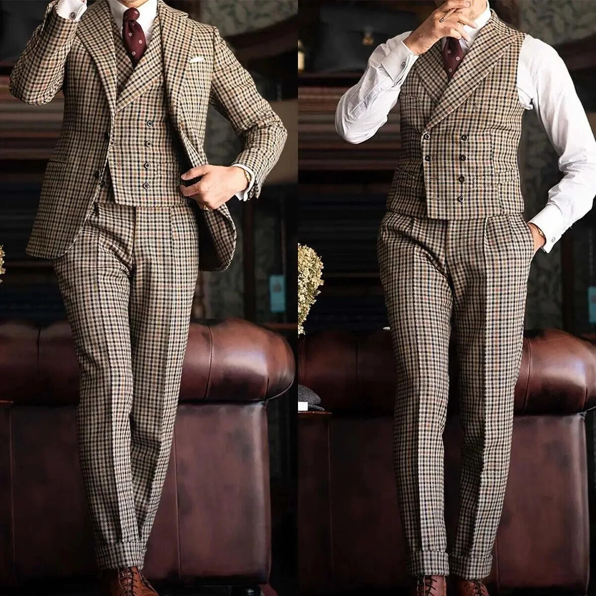 

Houndstooth Men Suits Blazer+Vest+Pants Set 3 Pcs Formal Wedding Groom Tuxedos Tailor-Made Male Clothing Costume Homme