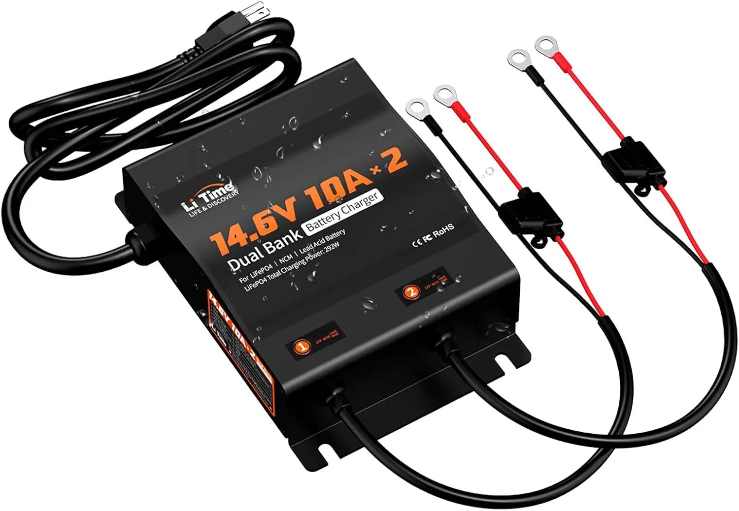 

Двойное интеллектуальное зарядное устройство 10А, 14.6В LiFePO4 AC-DC с предохранителем и LED-индикатором для автодомов, лодок, мотоциклов