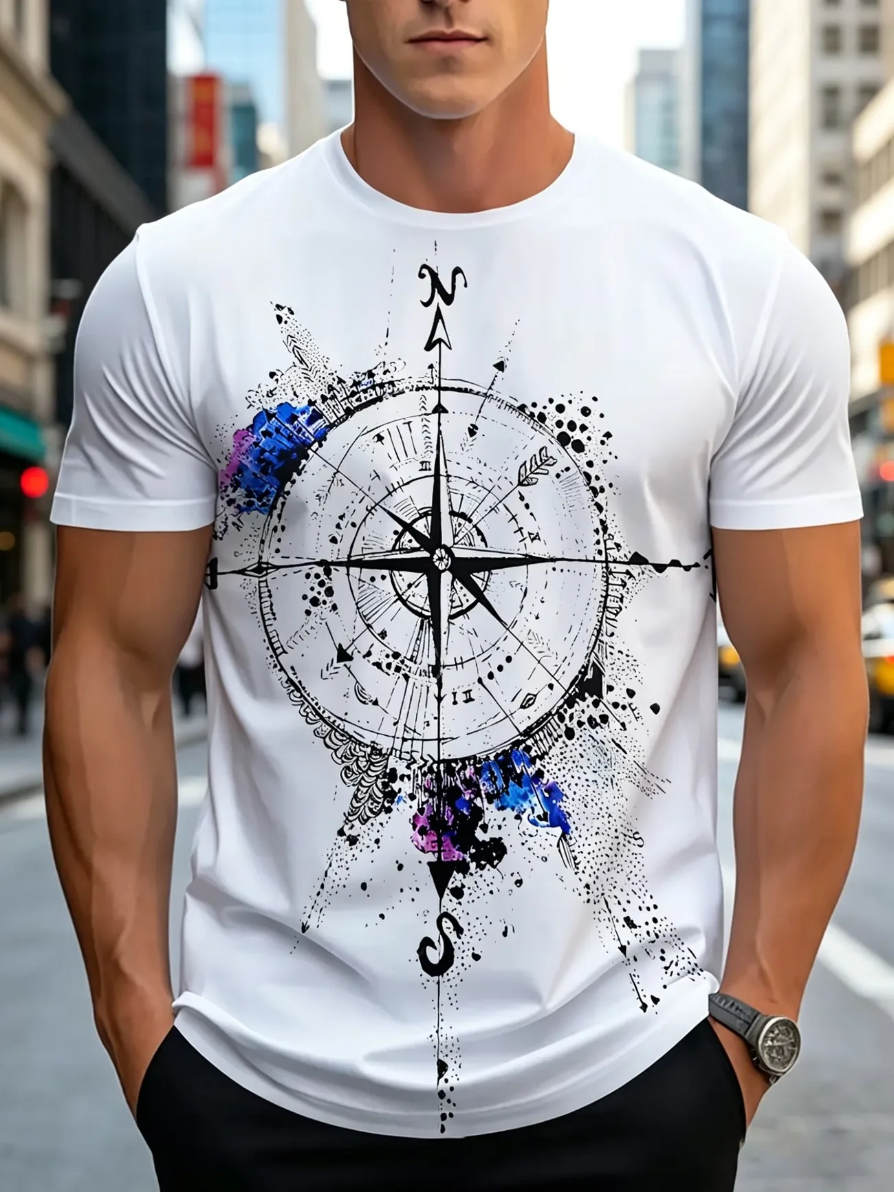 Men's Vintage Nautical Compass Old World Map Full Print Short Sleeve O-Neck T-Shirt Summer Loose Retro Street Daily Casual Top