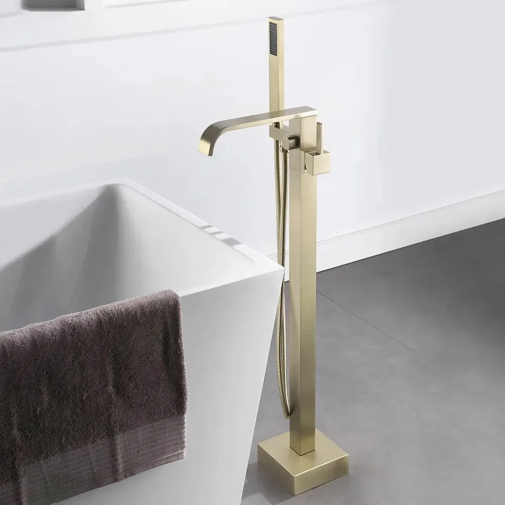 ur-Floor Mounted Tub Filler Single Handle Freestanding Floor Standing Bathtub Faucet Handheld Shower#