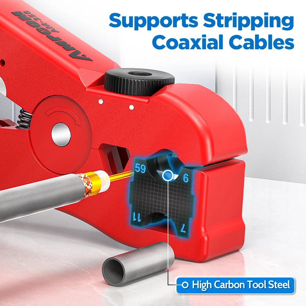 Ferramenta multifuncional AMPCOM para fios coaxiais/redondos/planos, descascador de fios e cortador com compressão