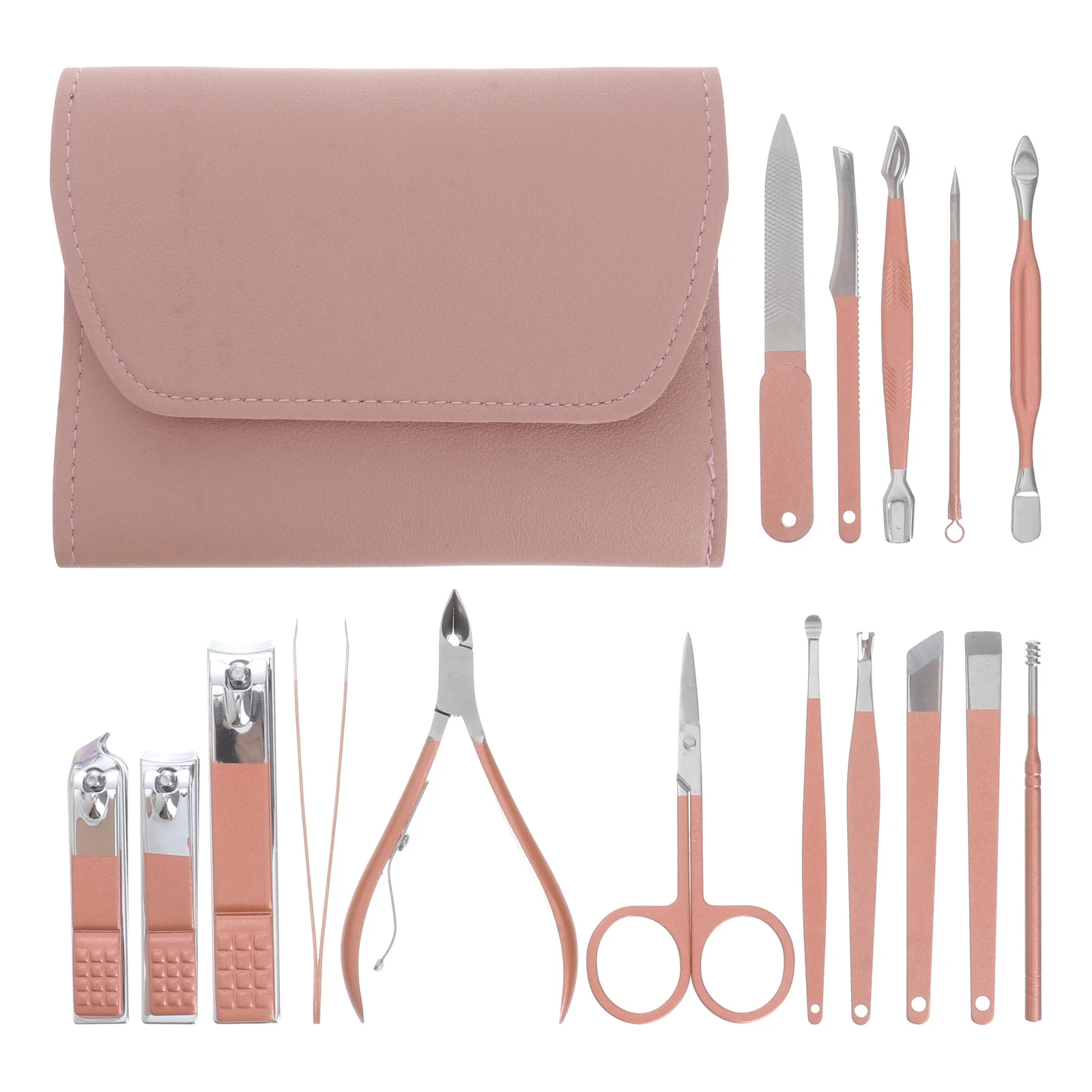 16종 네일 관리 키트 스테인리스 스틸 매니큐어 세트 트리머 클리퍼 파일 로즈 골드 네일 커터 매니큐어 도구