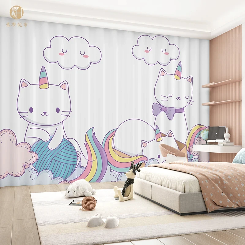 New High Blackout Curtain Children's Room Shading Curtain Cartoon Cute Cat Girl Room Bedroom Study Decoration Blackout 2Pieces