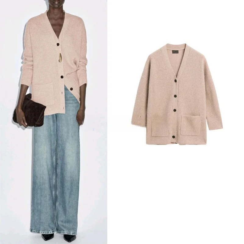 

Свободный крой V-Ne, вязаный шерстяной женский модный повседневный кардиган с открытой передней частью, длинный све из полиэфирного волокна, осенняя новинка A...