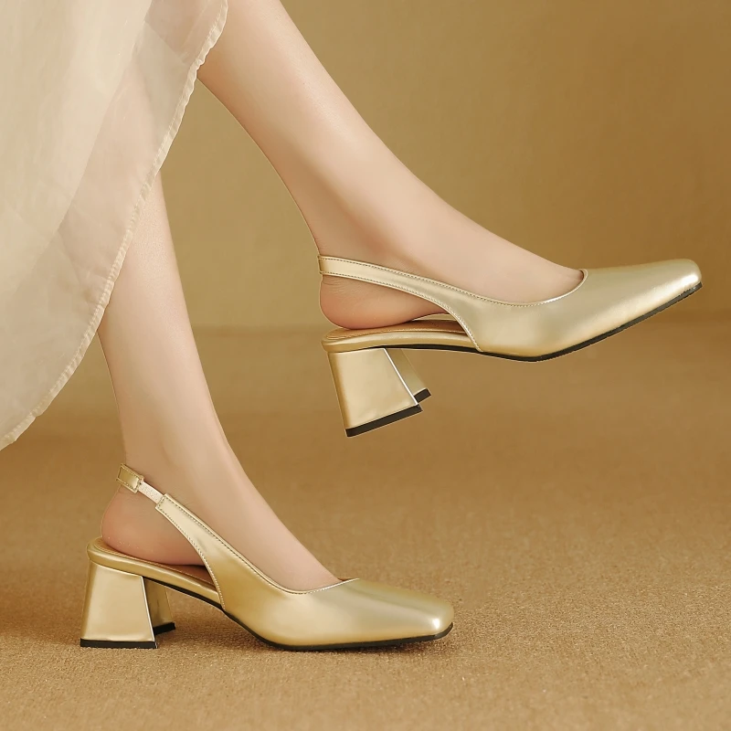 Slingback Sandals Women Summer Shoes Elegant Pink Black Nude Medium Heels Pumps Close Toe Office Party Shoe Female Large Size 45 image 5