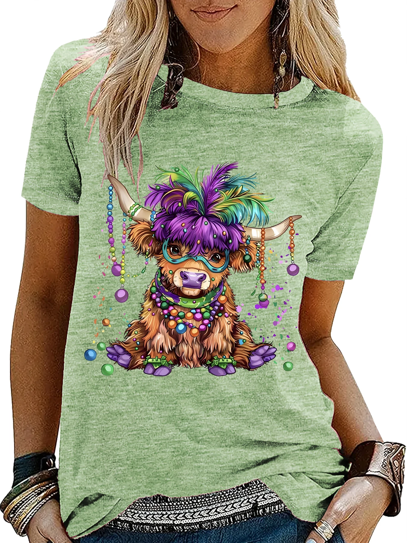T-shirt da donna Mardi Gras manica corta cartone animato mucca scozzese delle Highland estate casual festival regalo per feste multi colori disponibili