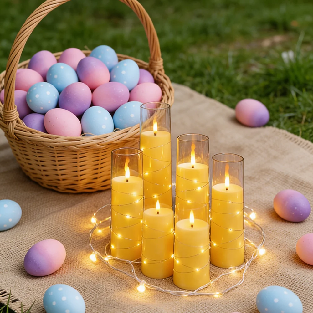 

Золотые светодиодные беспламенные свечи (5 шт.) с гирляндой, таймером и диммером, акриловые, теплый свет, для свадьбы, Нового года, вечеринки, декора стола